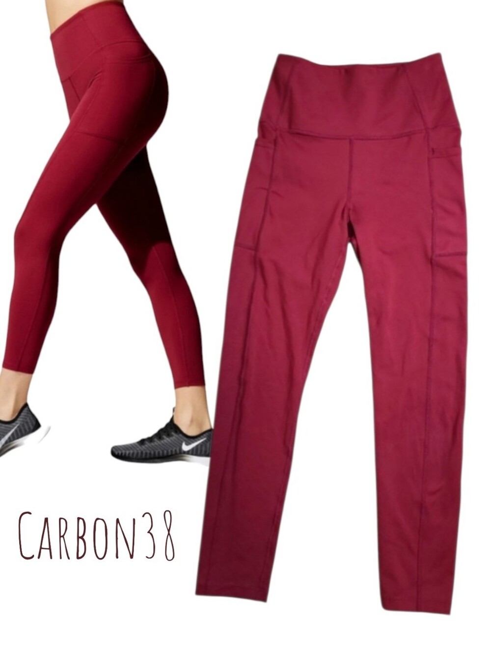 Carbon38 Women's high rise cloud compression 7/8 leggings pockets ruby red S
